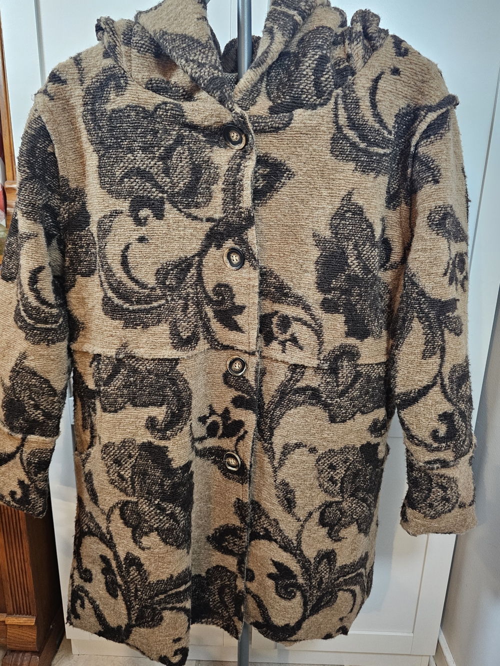 Serengeti Made in Italy Wool Blend Floral Jacquard Hooded Coat Size M Boho Cozy